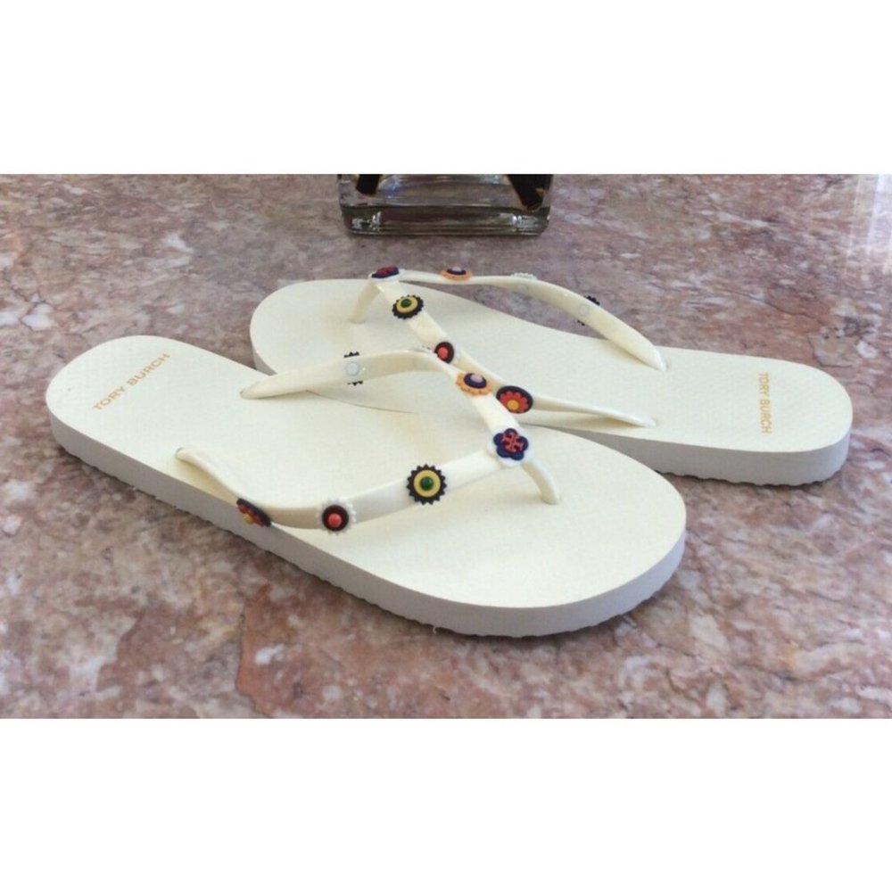 New Tory Burch Ivory White Jelly Multicolor Studded Thong Sandals Size 10M, $178